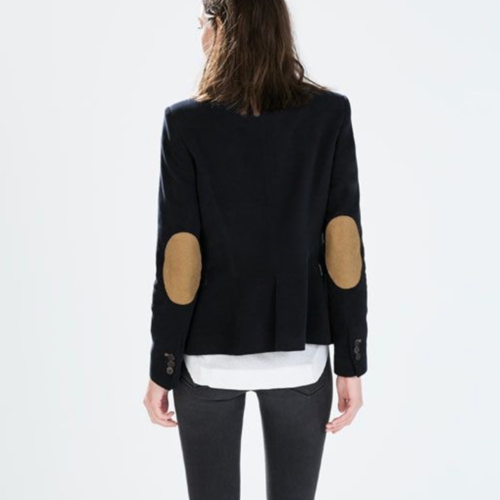 Zara Single Button Blazer Jacket Navy Blue Tan Elbow Patches Preppy Work Size M